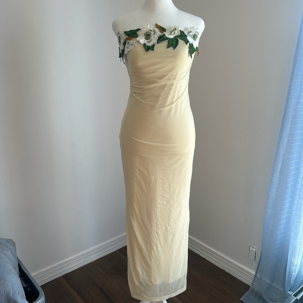 Elegant Cream Floral Off-Shoulder Dress